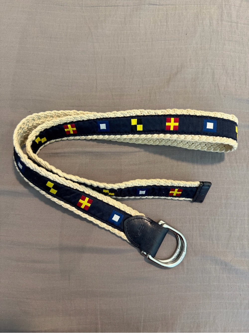 Polo Ralph Lauren Cream Braided Rope Belt with Navy Ribbon and Flag Accents